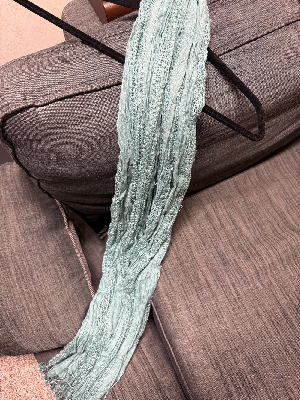 Boho Open Knit Crinkle Fringe Scarf Teal Blue Green Mesh Longline Lightweight - Picture 7 of 9